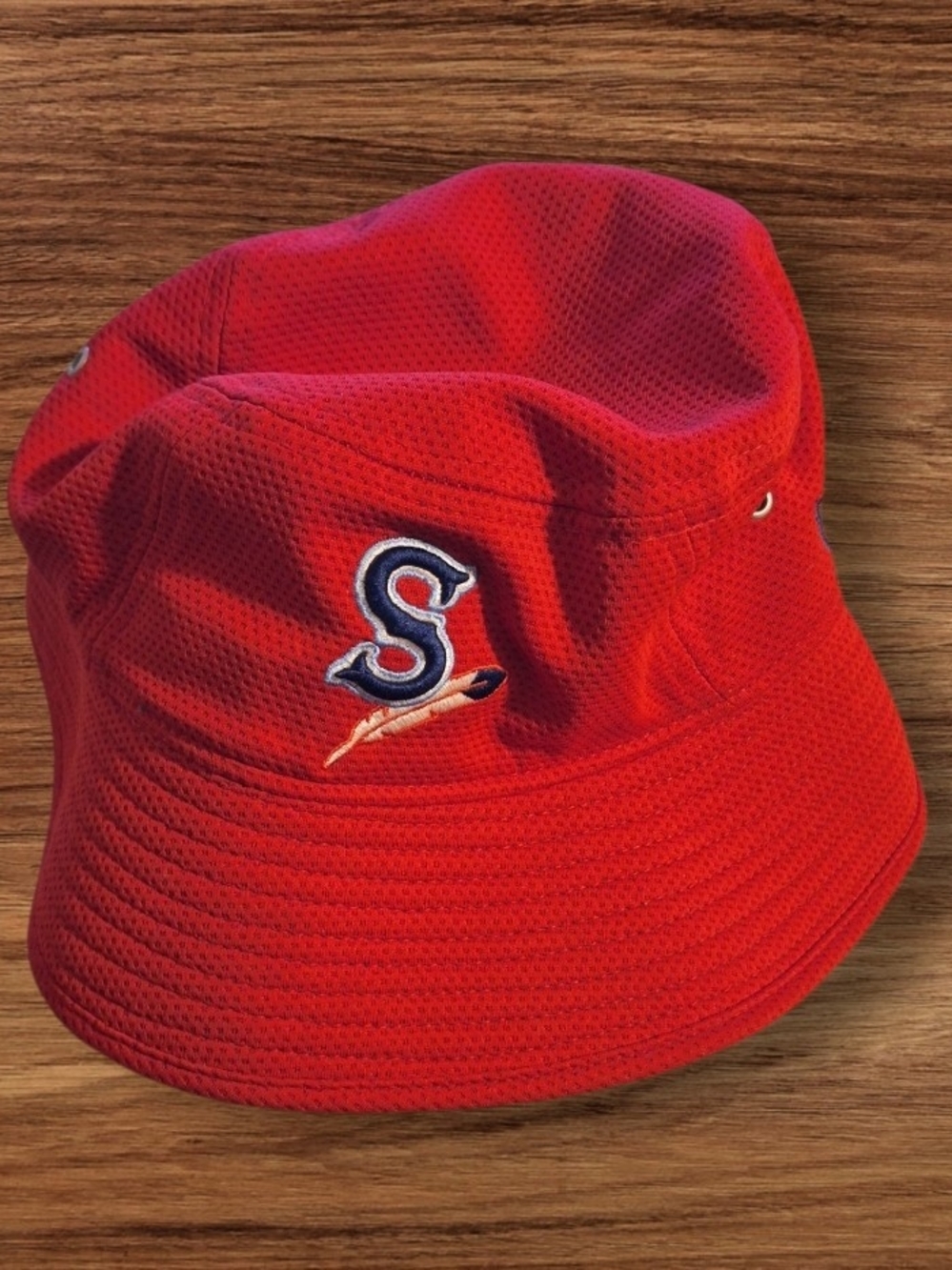 New Era Red Bucket Hat with Navy & White 'S' Logo